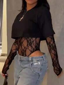 Body entero de encaje transparente para mujer, manga larga tul estampado floral, estilo sensual elegante, ideal para uso diario, citas, fiestas y espectáculos primavera verano - Púrpura malva - Ver 11