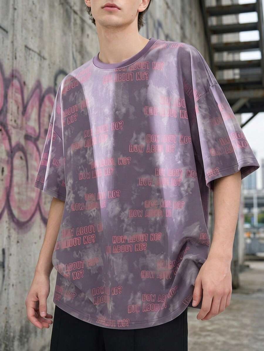 男士休闲运动字母图案圆领落肩T恤，夏季 - 紫色 - 查看 1