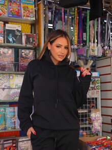 Women's Sweatshirt And Pants Set For Cold Weather, Winter Jacket, Kangaroo Hoodie With Hood, Long Sleeves, Flannel Tracksuit - 黑色 - 查看 4