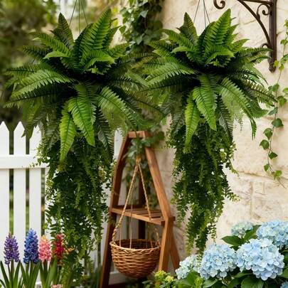 Bộ 3 món = 238,58 cm / Cây dương xỉ Boston lớn + Bộ cây treo Boston, Cây sống động như thật - Được làm từ chất liệu cao cấp chống tia UV, phù hợp cho trang trí sân vườn đám cưới hiện đại | Trang trí sân vườn và sân trong