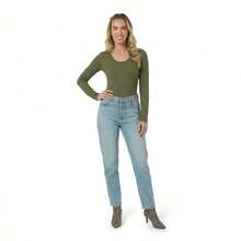 Women's Blouse With Round Neckline, Imported Rib Knit Fabric. - xanh quân đội - Xem 3