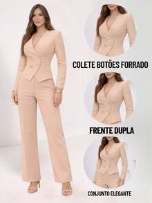 Women's Tailored Set: Cropped Blouse, Vest, And Wide-Leg Pants - NEUTRAL BROWN - View 4