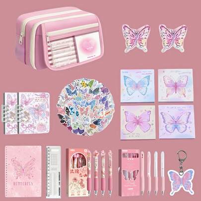 1 Set Cute Fairy Style Stationery Gift Set, Including Pencil Case, Butterfly Clips, Pocket Notebook, Notebook, Butterfly Stickers, Butterfly Keychain, Butterfly Memo Pad, Floral Theme Ballpoint Pen, Retro Adorable Stationery, Classroom Gift, Birthday Gift, School Supplies, Back To School