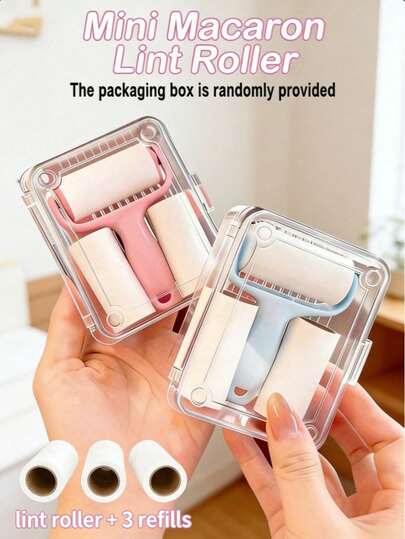 一套便携式迷你粘毛滚筒套装 - 1 个滚筒手柄 + 3 个替换滚筒，强力粘胶，适用于去除宠物毛发，使用方便，手柄可重复使用，无需电源，适用于宠物/衣物/地毯/汽车座椅，宠物主人必备。