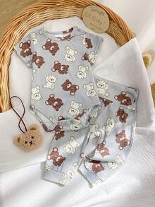 2件套男婴小熊印花圆领短袖连体衣和松紧腰直筒裤套装 - 灰色 - 查看 1