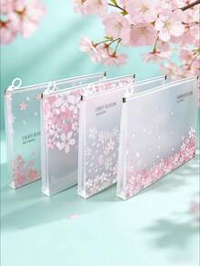 1套透明防水拉鍊文件袋 - A4尺寸，粉色櫻花圖案，適用於辦公室、居家、旅行及其他場合。輕巧且具裝飾性的PP材質文件收納袋，簡約禮品風格，適用於文具用品、辦公配件、文具用品、學校用品 - 單件 - 查看 2