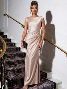 EVERPRETTY Elegant Romantic Satin Round Neck Open Back Champagne Bridesmaid Dress, Fitted, Suitable For Spring/Summer Wedding Guest, Graduation Party, Holiday, Birthday Party - Champagne - View 7