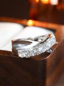1 chiếc nhẫn bạc Sterling S925 kiểu bện đính đá Zirconia, thích hợp cho nữ đeo hàng ngày, hẹn hò, đám cưới, có thể làm quà tặng cho bạn thân, ngày Valentine, nhẫn cưới. - Bạc - Xem 1