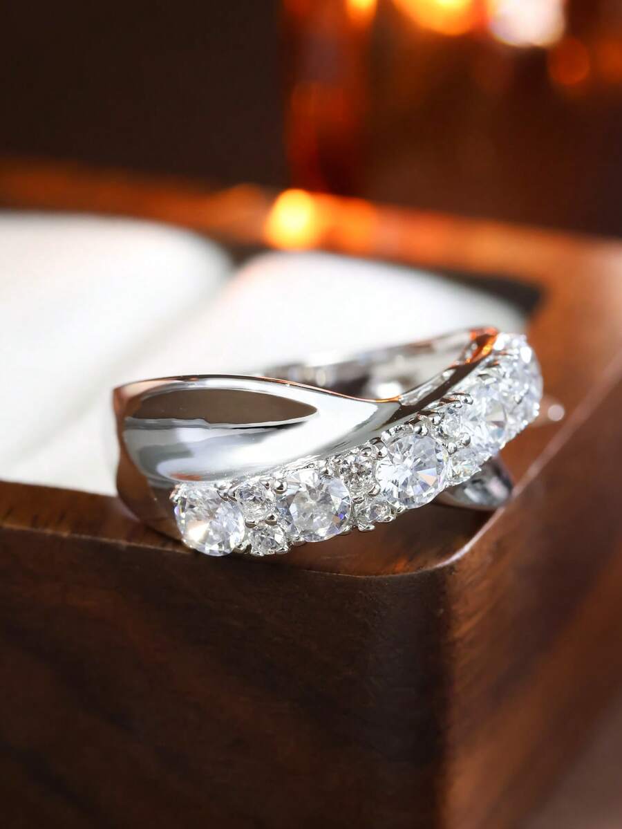 1 chiếc nhẫn bạc Sterling S925 kiểu bện đính đá Zirconia, thích hợp cho nữ đeo hàng ngày, hẹn hò, đám cưới, có thể làm quà tặng cho bạn thân, ngày Valentine, nhẫn cưới. - Bạc - Xem 1