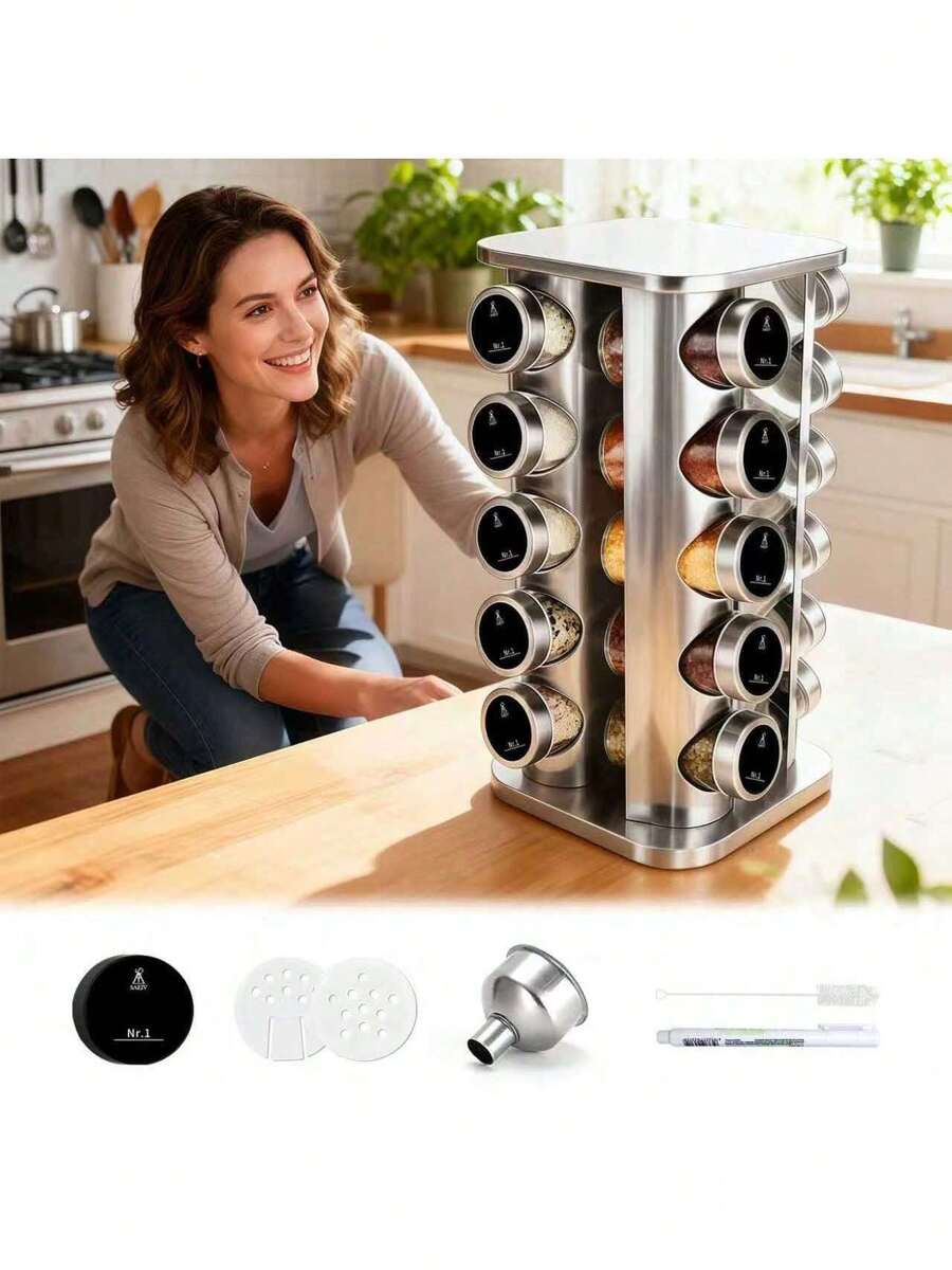 SAEIV Spice Carousel With 20 Spice Jars, 360° Rotating Spice Rack, Spice Turntable Storage Unit, Spice Organizer, Stainless Steel Construction, Silver Finish