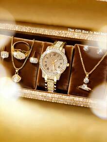 9pcs Elegant And Luxurious Women's Quartz Watch Set, Women's Luxury Full Diamond Accessory Set, Including A Gold Full-Diamond Roman Numeral Quartz Watch, Full-Diamond Square Earrings, Ring, Necklace, Rhinestone Earrings, Necklace, And Ring. - Gold - View 6