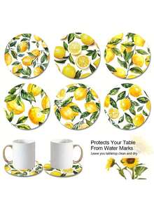 6pcs Lemon Leaf Pattern Yellow Minimalist Style Unique Fashionable Wooden Coasters, Suitable For Kitchen, Living Room And Dining Room - Multicolor - View 6