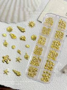 12件金属海星贝壳美甲装饰品，海洋风扇贝贝壳金/银铆钉薄片美甲饰品配件，锌合金美甲贴纸 - 彩色 - 查看 4