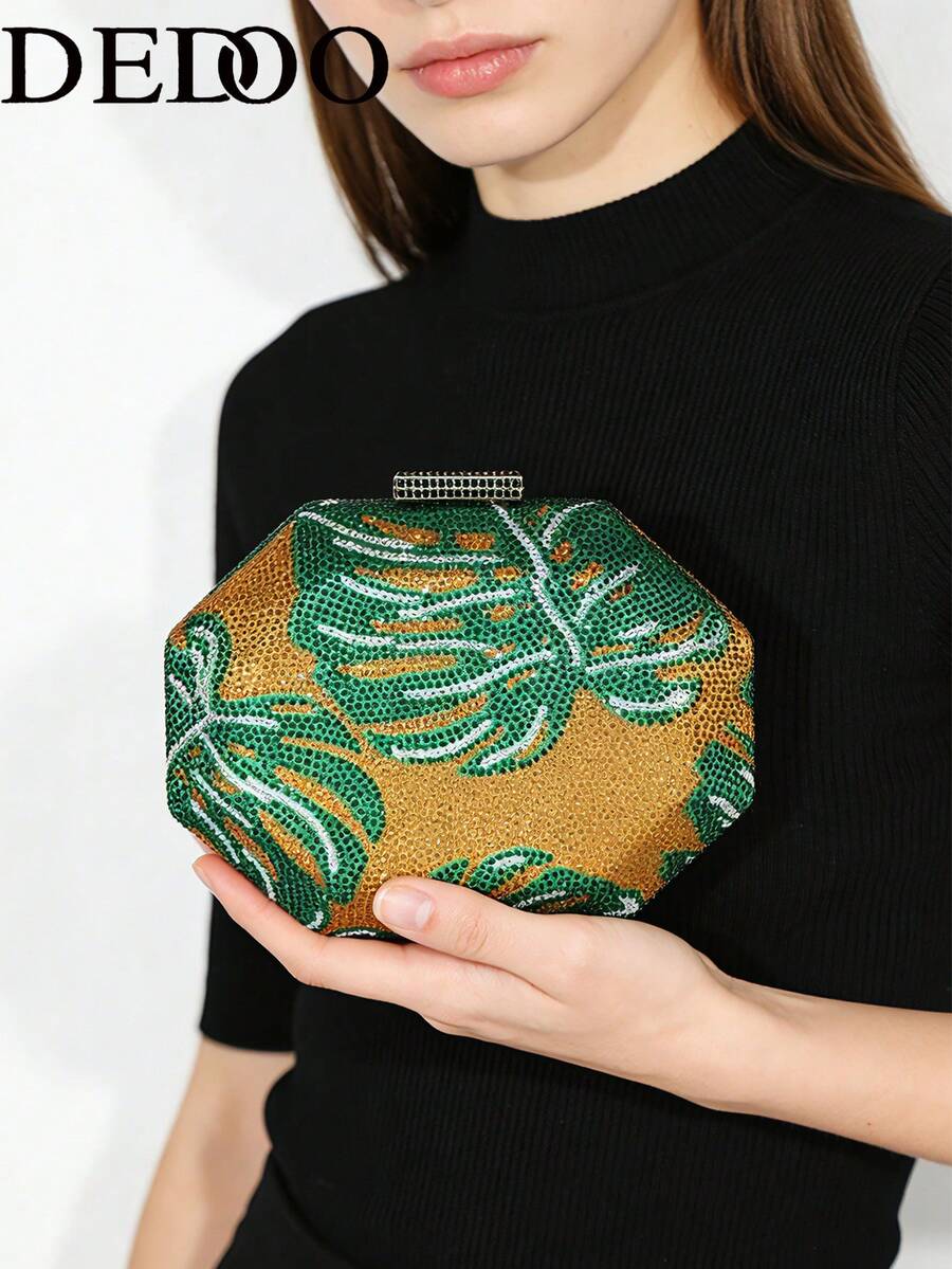 Dedoo Crystal Bag Encrusted With Green Leaves Rhinestone Bag Clutch Bag Chain One Shoulder Evening Bag Chain Handbag, Dinner Party, Party, Preferred.