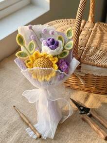 手工钩编向日葵和蓝色玫瑰花束，饰以珍珠，永生花花束礼品，钩编向日葵花束，蓝色毛线花束配透明丝带，人造花卉家居装饰礼品 - 彩色 - 查看 7