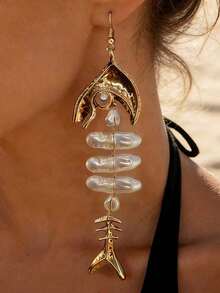 1对女士休闲度假风海洋生物造型耳环，金属鱼头搭配不规则仿珍珠鱼骨，夸张海洋风垂坠耳环，日常佩戴及海滩配饰 - 白色+金色 - 查看 4