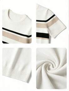 Little Boy Round Neck Color Block Striped Knit Short Sleeve Top, Casual Lightweight Pullover Sweater, Suitable For Spring, Autumn And Summer Daily Wear - Apricot - View 5