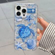 Ốp lưng điện thoại hình rùa biển lấp lánh trong suốt, họa tiết đại dương dễ thương với sao biển và vỏ sò, ốp chống sốc thẩm mỹ cho iPhone - Màu xanh lam - Xem 3