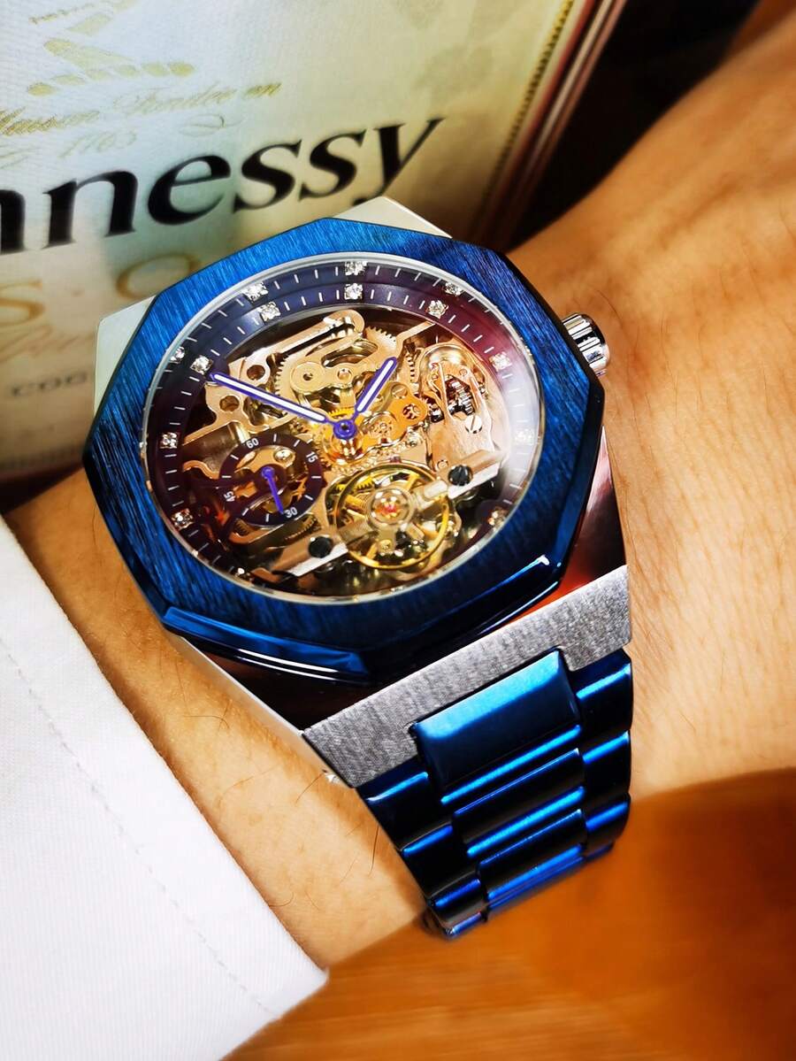 FORSINING 1 chiếc đồng hồ nam cơ tự động Tourbillon rỗng thời trang, kim dạ quang, dây đeo thép không gỉ, đồng hồ đeo tay doanh nhân nam.