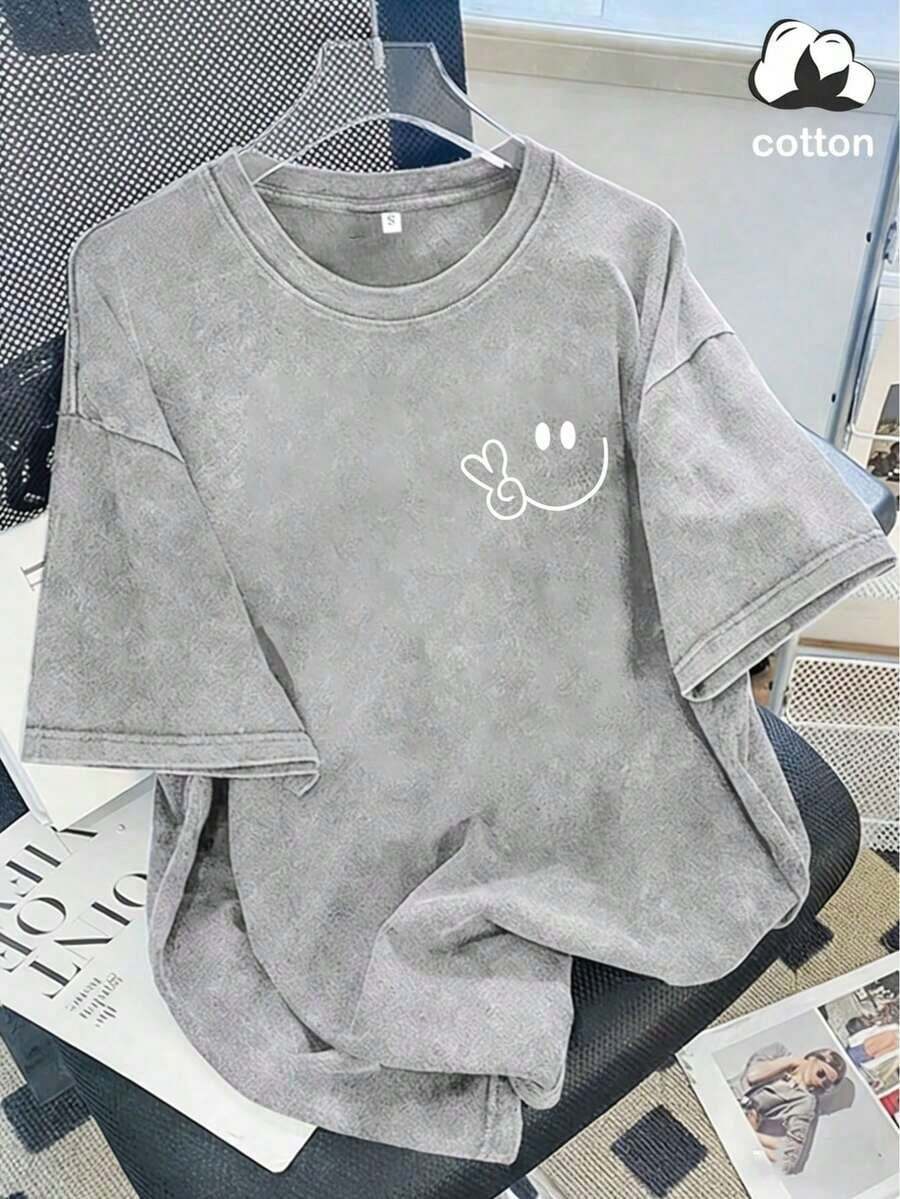 Vintage Washed Cotton Loose-Fit T-Hirt, Cute Face And Heart Print, Women's Casual Treet Tyle Hort-Leeve Top, Wrinkle-Resistant Washed Cotton T-Hirt Vintage Tyle - Xám - Xem 1