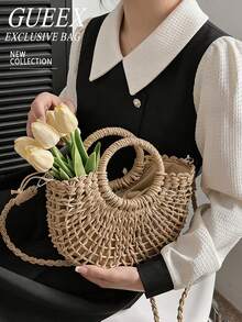 1pc Half-Moon Hollow Out Handbag, Fashionable Beach Vacation Straw Woven Bag,Vacation Bag For Summer, Perfect For Beach Vacation, Travel, Shopping, And Vacation Essentials, Eye-Catching Beach Bag Summer, Summer Straw Beach Bag For Women, Hottest Beach Bags For Women, Fashion Summer Vacation Bag, Beach Essentials Women Bags For Vacation & Holiday, Newest Holiday Bag ,Vacation Essentials , Beach Bag, Vacation, Woven Bag, Straw Bag - Màu Khaki - Xem 3