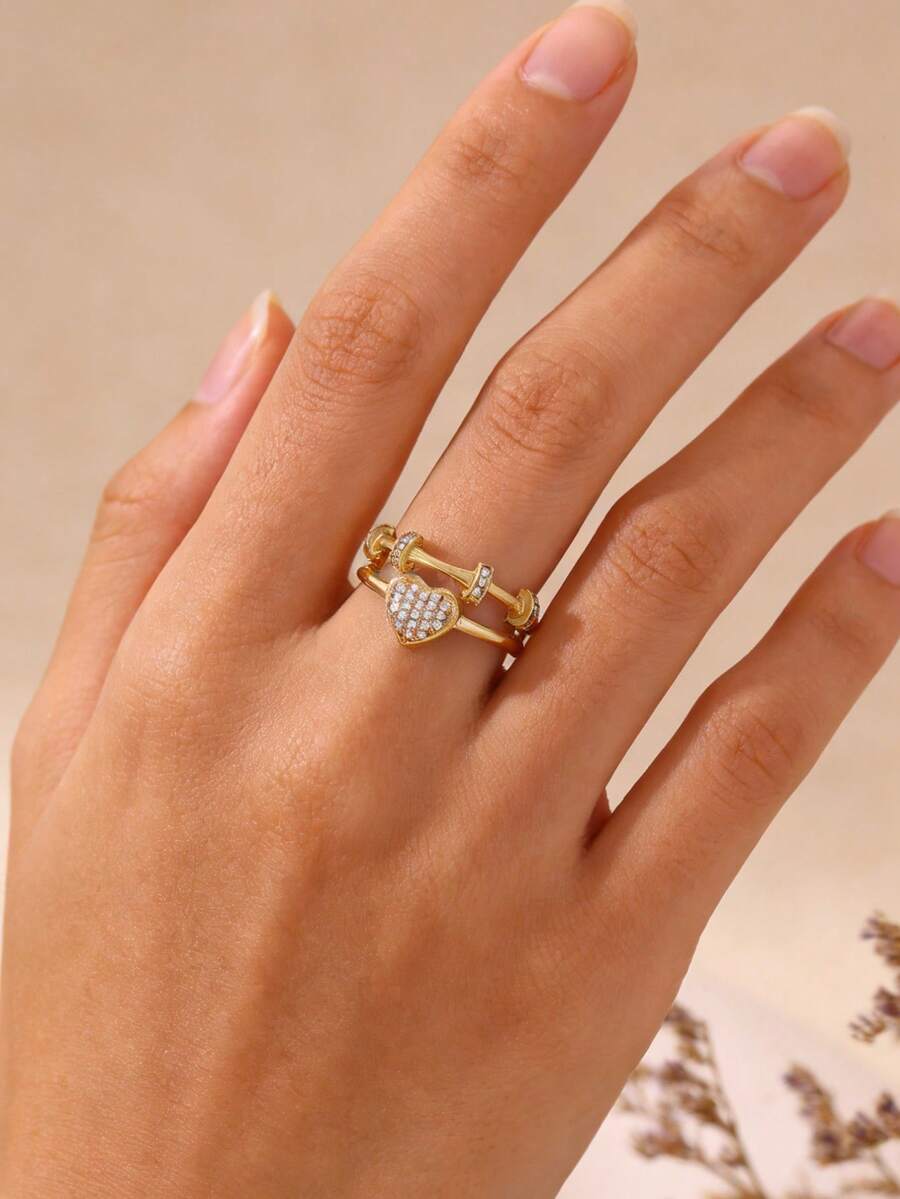 1 chiếc nhẫn hình trái tim thanh lịch dành cho nữ, mạ vàng 18K, bằng đồng, hình trái tim hình học, kiểu dáng hở, trang sức thời trang cưới, quà tặng thẩm mỹ, đeo hàng ngày. - Nhiều màu - Xem 1
