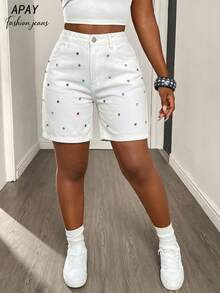 Women's Casual Rhinestone Button Fly Denim Shorts, Versatile For Daily Wear White Summer - White - View 4