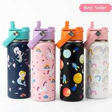 一个 600ml 保温水瓶，适合学校使用：防漏，二合一吸管盖设计，适合运动和旅行，送给女孩、男孩、女儿和儿子的礼物。 - 彩色 - 查看 2