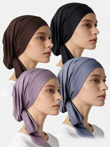 4件組女款彈性雪紡頭巾帽，穆斯林內搭頭巾，日常使用護髮帽 - 彩色 - 查看 8