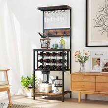 GOFLAME Industrial Freestanding Wine Rack, Tall Floor Wine Bar Cabinet With Glass Racks, Bottle Holders & Hooks, Rustic Brown Coffee Bar Cabinet With Storage For Home, Dining Room - Rust Brown - View 5