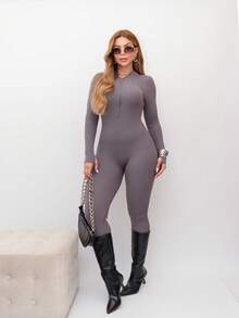 Virginia Ribbed Tricot Modal Jumpsuit With Zipper On The Front Great Quality Women's Jumpsuit Long Sleeve Fashion Style - Grey - View 1