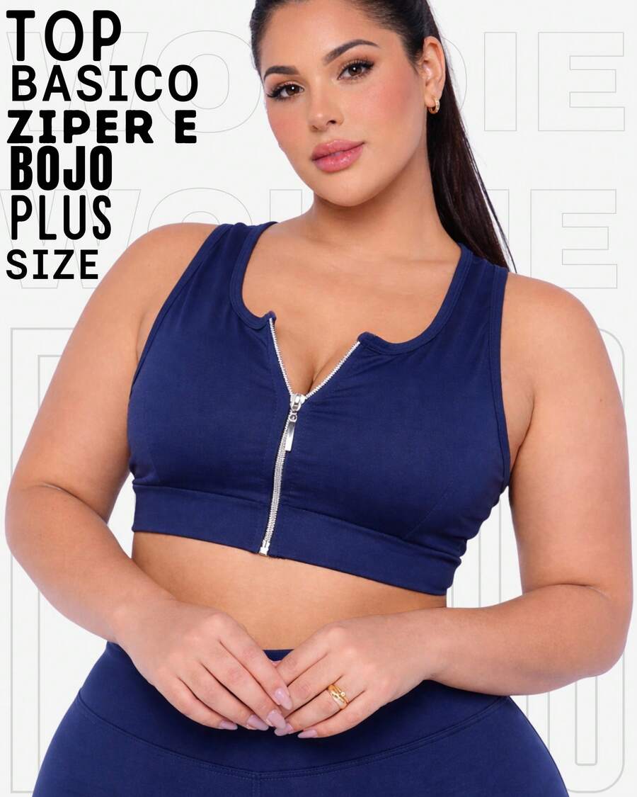 WOLFOC Women's Plus Size Cropped Fitness Top With Zipper And Removable Pads In Suplex Polyester - Azul Marino - Ver 1