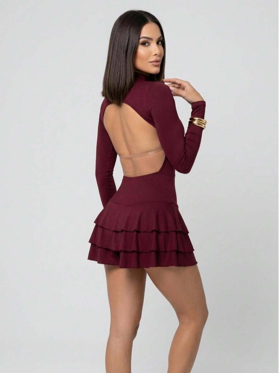 Women's Short Dress With Long Sleeves, Open Back, Ruffled Hem, Elegant, Layered, For Parties, Beach, Vacations, Stage And Concerts. - 酒紅色 - 查看 1