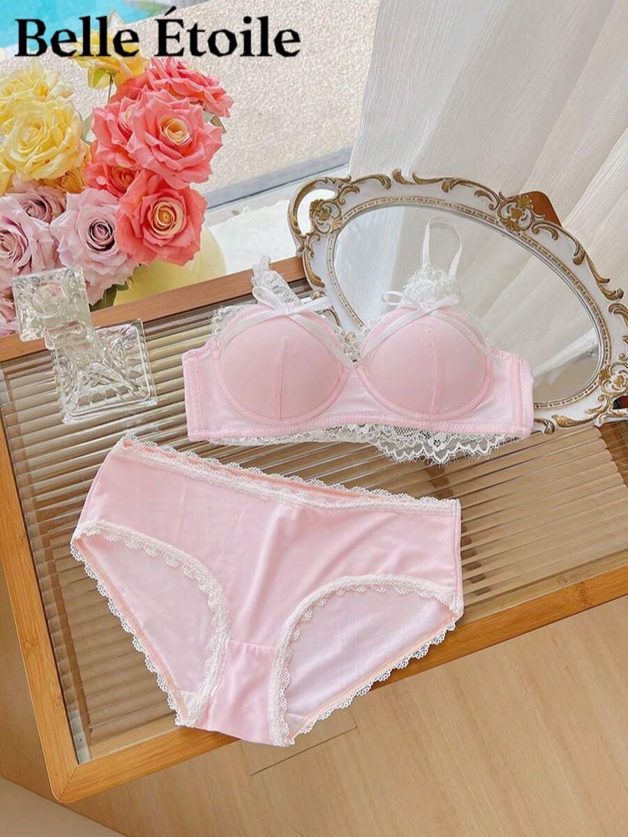 Belle Étoile 1PCS Pure And Cute Underwear Set, Women's Small Bust Gathering And Lifting Wireless Comfortable Lace Bra, Suitable For Daily Wear, Perfect For Giving To Besties, Friends, Or Lovers, The Most Sincere Gift - 粉色 - 查看 1