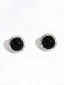 1 Pair Luxury Retro Style Gold-Plated Edged Black Round Earrings For Women, Suitable For Commute, Party, Evening Wear, Exuding Elegant Aura - Silver - View 3