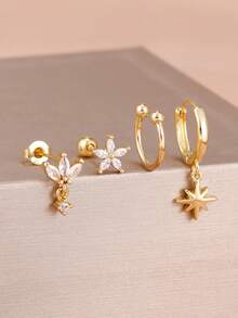 Bộ 4 khuyên tai hình hoa đính đá lấp lánh cho nữ, chất liệu Zirconia, mạ vàng 18K, làm từ thép không gỉ, thích hợp cho các dịp đi nghỉ mát hoặc dự tiệc. - 1-Vàng-4 CÁI - Xem 2