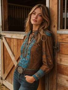 Ropa de verano de estilo vintage bohemio para mujer, blusa casual de vacaciones de manga larga con cuello en V con volantes, estampado floral y bloques de color, para primavera - Multicolor - Ver 4