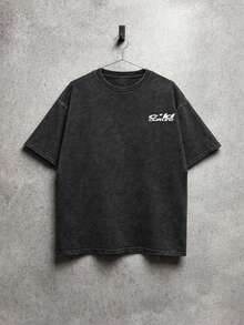 Unisex Vintage Street Casual Heart & Smoke Print Loose T-Shirt, Music Festival Washed Tee - Black - View 3