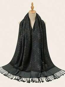 Flower Printed Boho Style Paisley Jacquard Warm Pashmina Scarf For Women, Autumn/Winter Vintage Fringe Lady Hijab Shawl, Suitable For Daily Wear All Season, Polyester Scarf For Dress - 黑色 - 查看 5