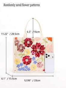 1pc Colorful Sequin & Mesh Patchwork Linen Tote Bag, Fashion Floral & Leaf Embroidery Design, Large Capacity Square Shoulder Bag, Casual Vacation Style Shopping Bag (Floral Pattern Randomly Distributed) - Multicolor - View 3