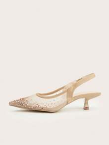 Sandales à talons hauts élégantes et glamour pour femmes, avec maille ajourée et entièrement ornées de strass à bout pointu. Convient pour les fêtes, les mariages et les banquets. - Nude - Voir 5