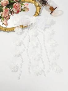1 pieza Elegante clip de pelo con flor blanca, cuentas y borlas de malla en estilo de lazo, accesorio de pelo, regalo de cumpleaños - Blanco - Ver 2