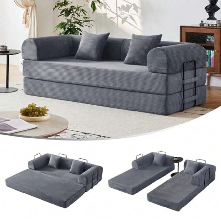 79" 5-in-1 Convertible Sleeper Sof No ssembly Fixed Frme Corduroy Couch High-Density Fom Fold Out Bed for Smll Spces Living Room Dorm Drk Gry - Gris oscuro - Ver 1