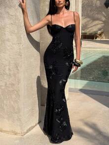 Vestido de sirena con espalda descubierta estilo retro francés, adecuado para fiestas y eventos de cumpleaños - Negro - Ver 1