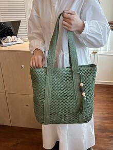 Minimalist Solid Color Large Capacity Commuter Straw Bag, Artistic Wide Braid Handbag, Vacation Style Shoulder Bag - Green - View 6