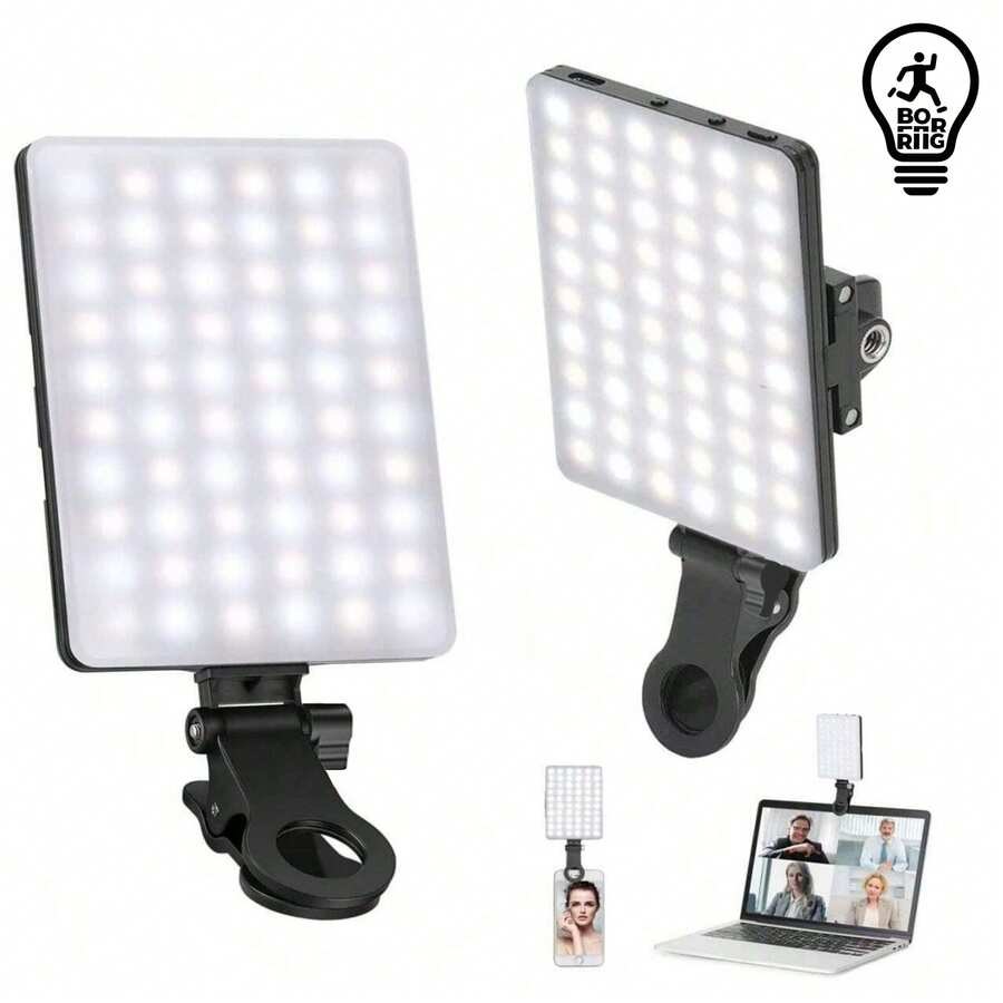 Borriig 60 LED High Power Rechargeable Clip-On Fill Light, With Front & Rear Clips, 3 Lighting Modes Adjustable, Suitable For Smartphones, Android, IPad, Laptops, For Makeup, Selfie, Vlog, Suitable For Selfie And Live Streaming, Portable Selfie Light