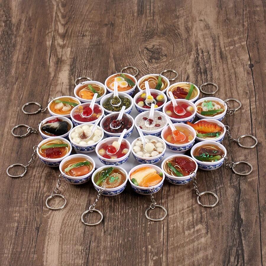 1pc Squishy 4cm Mini Blue And White Porcelain Bowl Keychain Chinese Style Food Charm