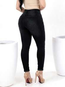 Quần jean skinny cạp cao nâng mông - Quần jean đen co giãn dành cho nữ với túi sau không nắp cổ điển. - màu đen - Xem 5