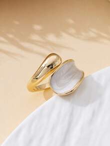 1pc Creative Contrast Color Metal Handmade Drip Oil White Geometric Design Summer Beach Vacation Ring For Women - Yellow Gold - View 2