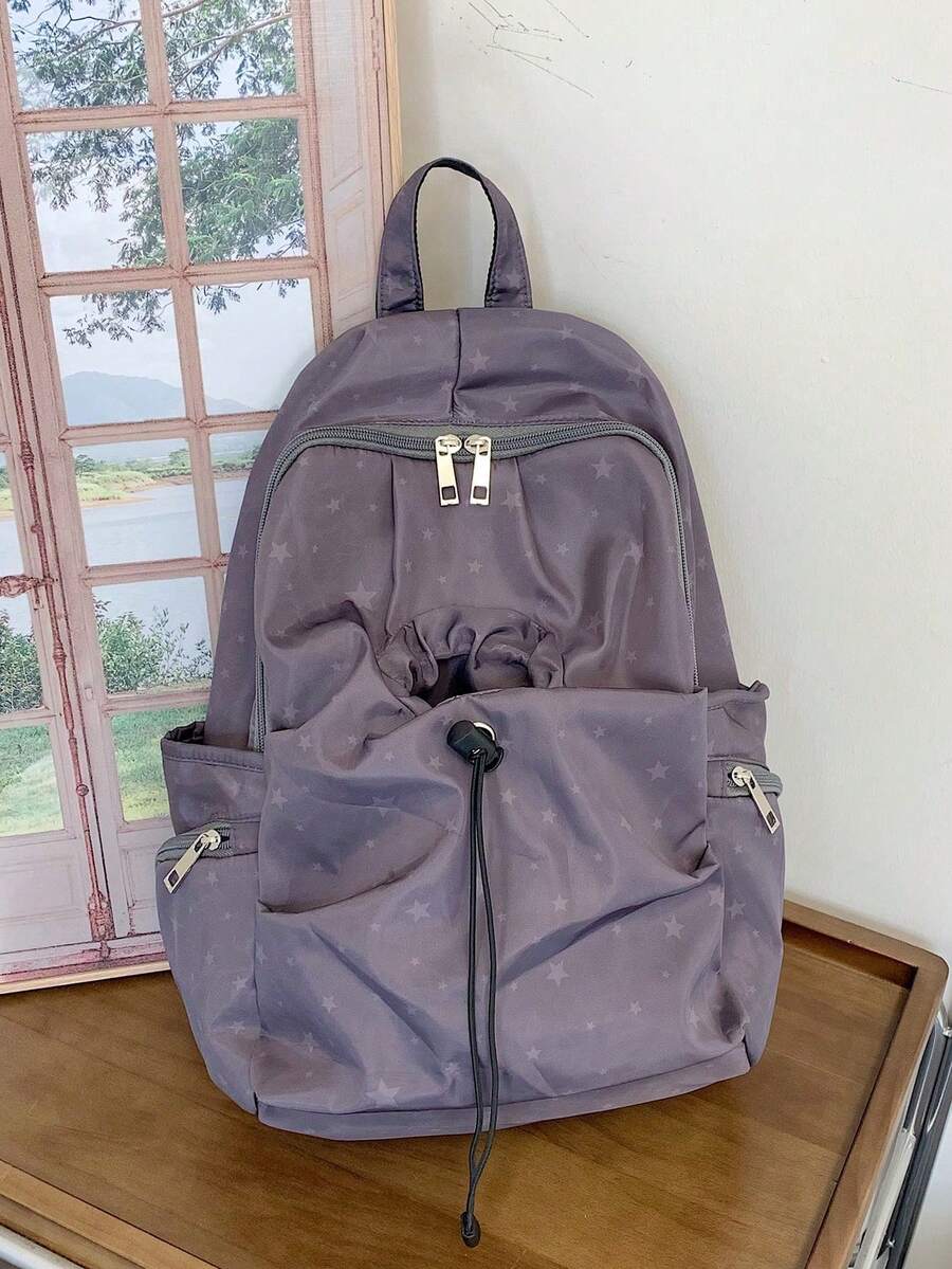 1 Piece Black Star Print Nylon Large Capacity Multi-Pocket Zipper Closure Casual Backpack For Women & Daily Commute